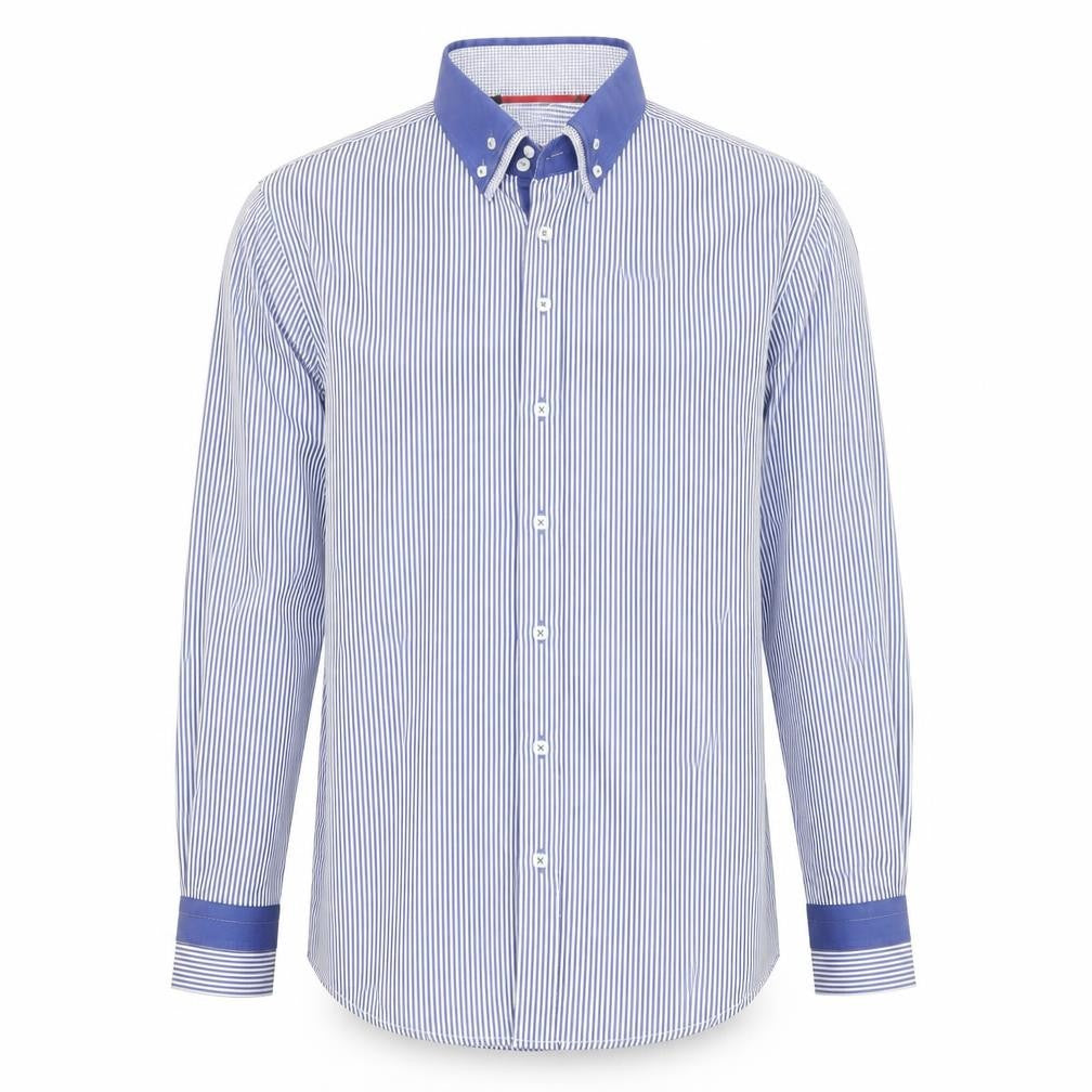 Guide London Men's Blue Striped Button-Down Cotton Blend Shirt XL
