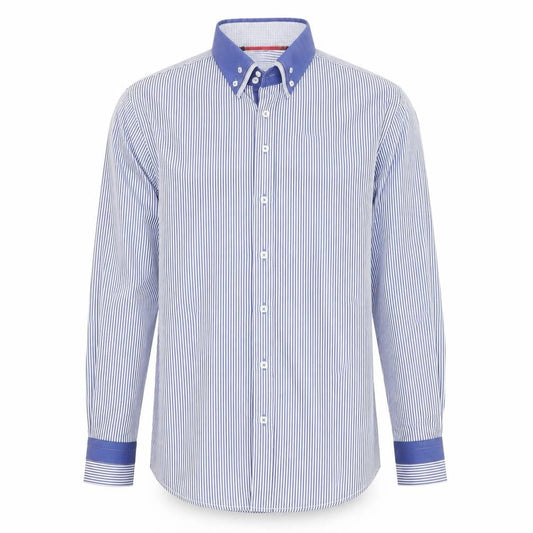 Guide London Men's Blue Striped Button-Down Cotton Blend Shirt XL