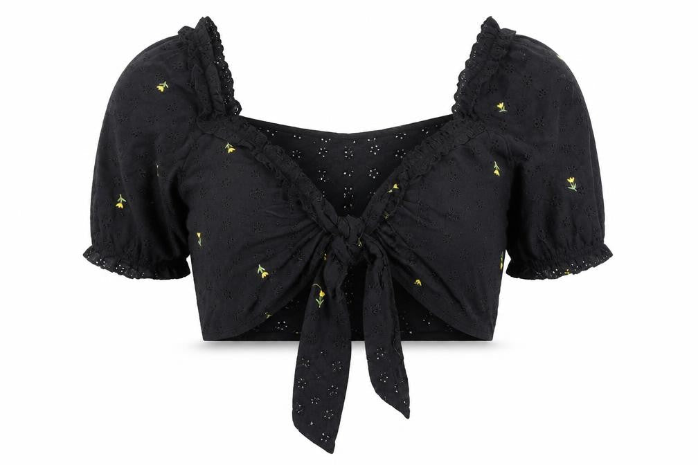 Boohoo Women's Black Floral Embroidered Cropped Blouse Size 16