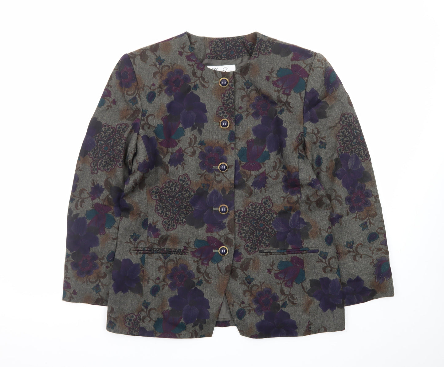 Le Suit Women's Grey Floral Blazer Size 12 Classic Buttoned Jacket