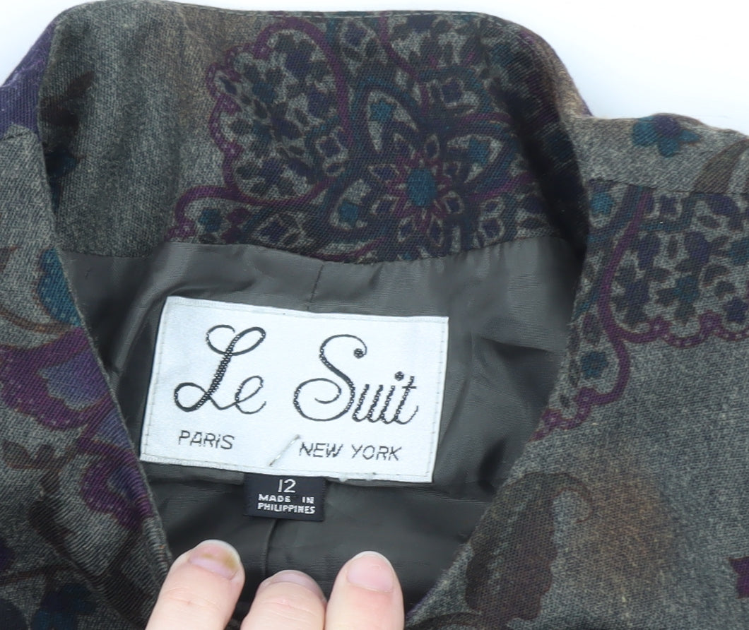 Le Suit Women's Grey Floral Blazer Size 12 Classic Buttoned Jacket