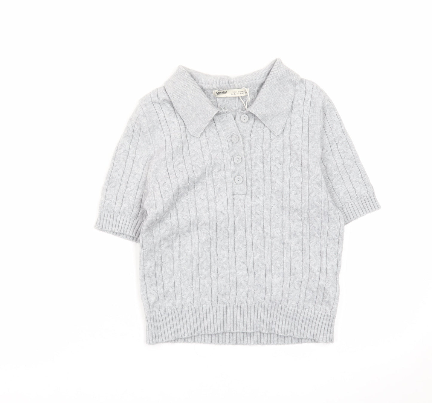 Pull & Bear Women's Grey Collared Cable Knit Short Sleeve Jumper S