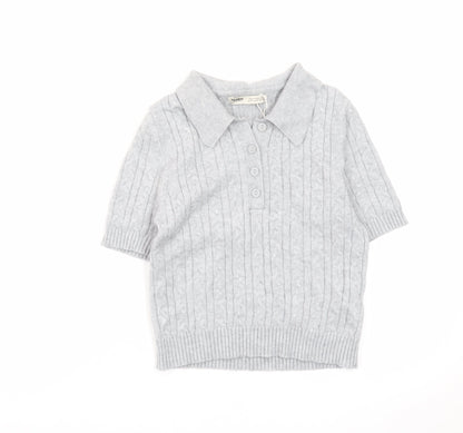 Pull&Bear Women's Grey Collared Cable Knit Short Sleeve Jumper S