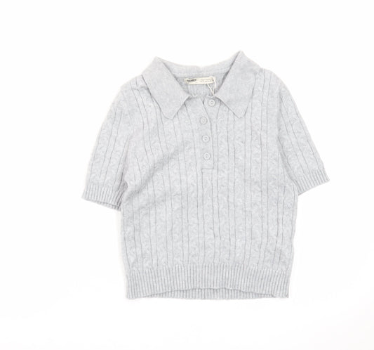 Pull & Bear Women's Grey Collared Cable Knit Short Sleeve Jumper S