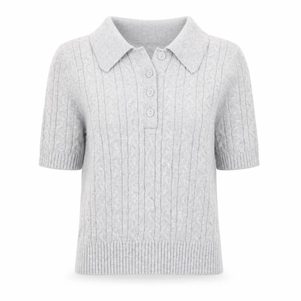 Pull&Bear Women's Grey Collared Cable Knit Short Sleeve Jumper S