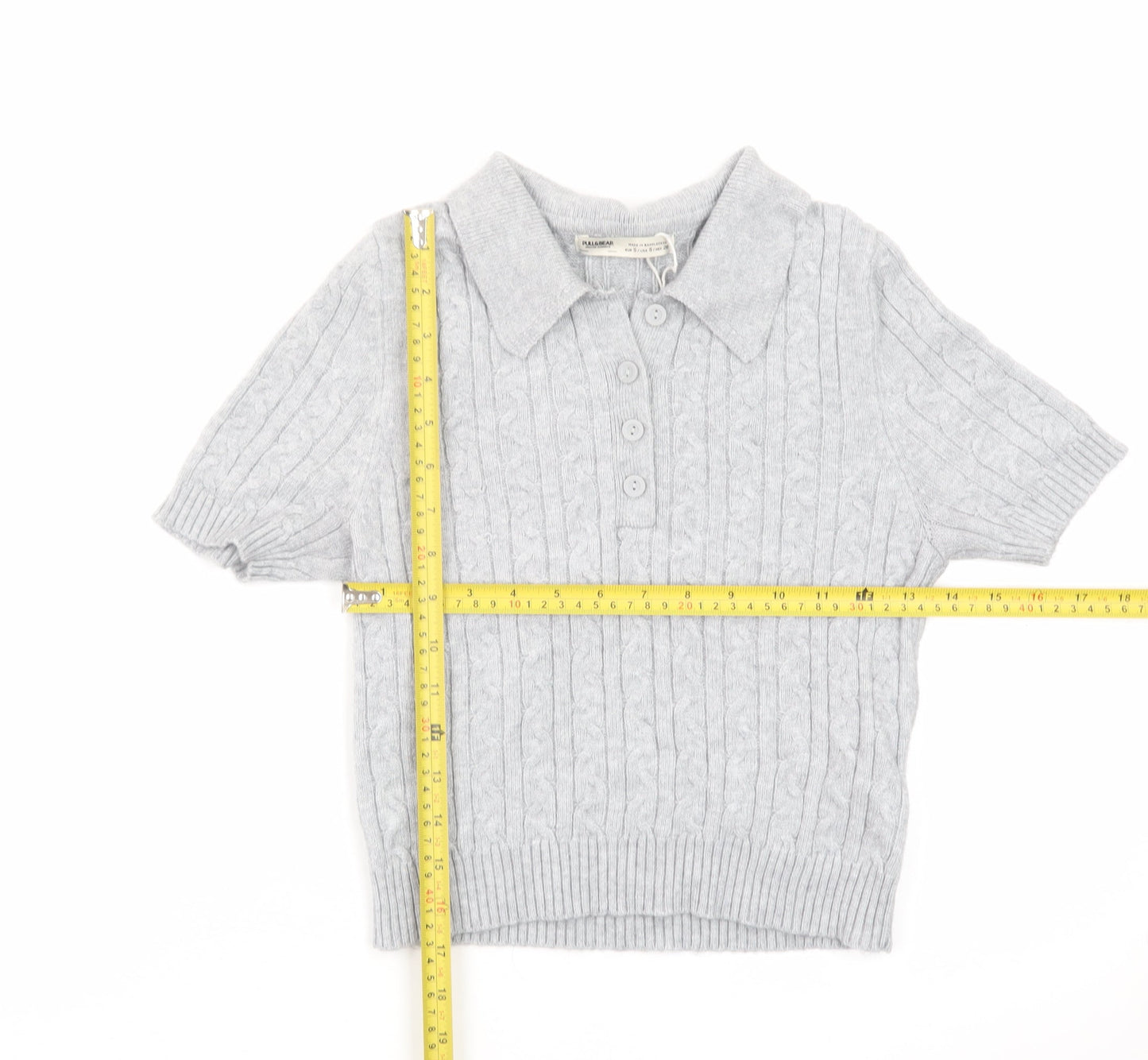 Pull & Bear Women's Grey Collared Cable Knit Short Sleeve Jumper S