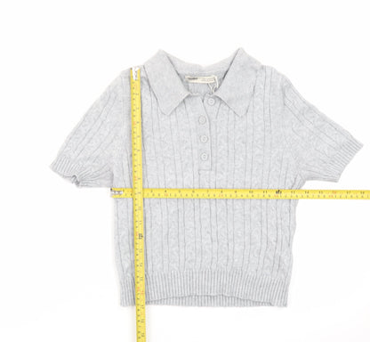 Pull&Bear Women's Grey Collared Cable Knit Short Sleeve Jumper S