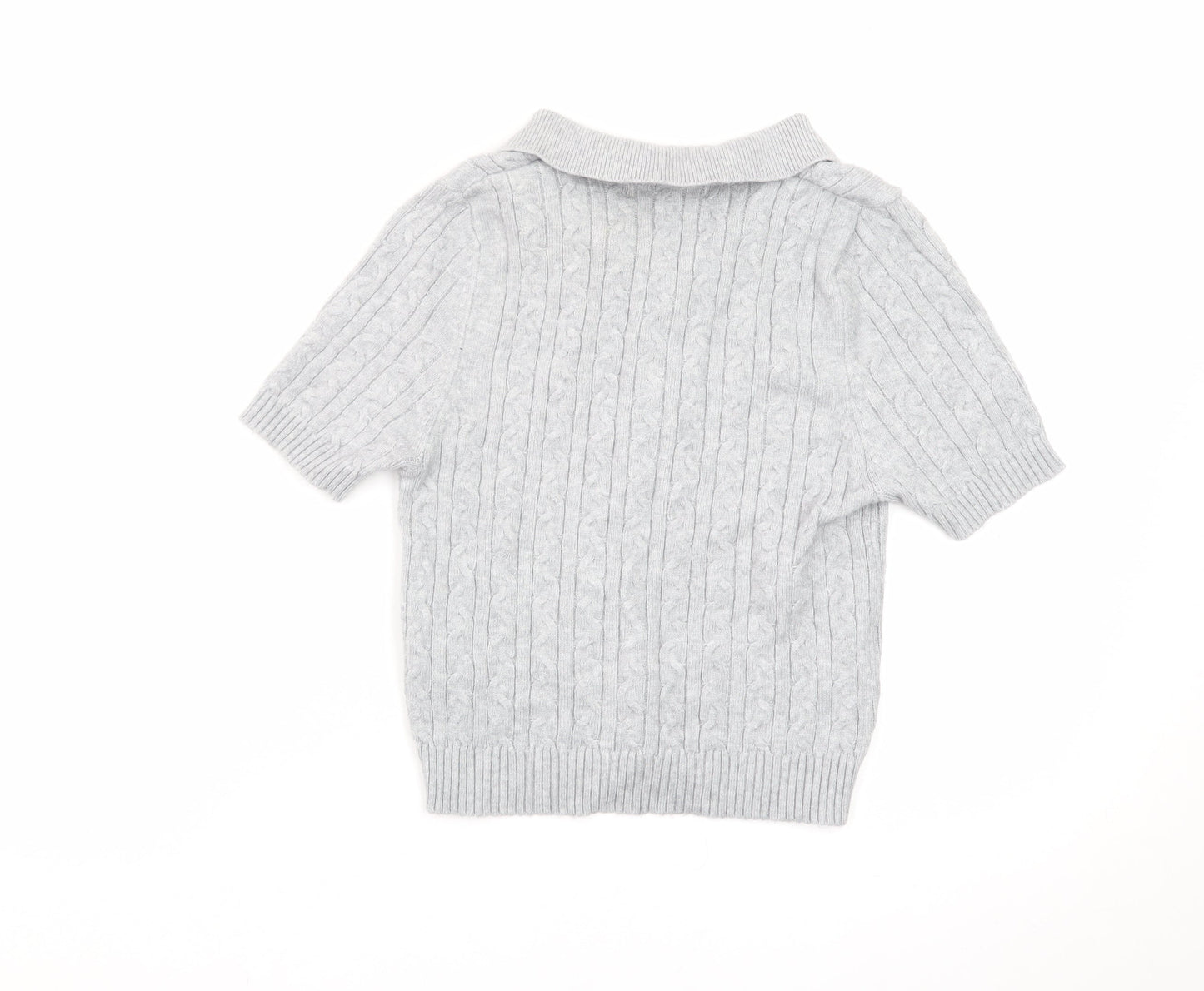 Pull & Bear Women's Grey Collared Cable Knit Short Sleeve Jumper S
