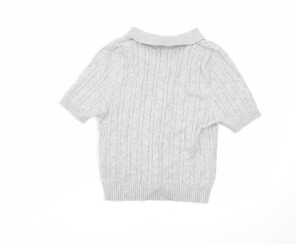 Pull&Bear Women's Grey Collared Cable Knit Short Sleeve Jumper S