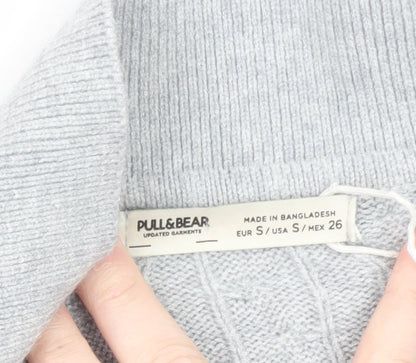 Pull&Bear Women's Grey Collared Cable Knit Short Sleeve Jumper S