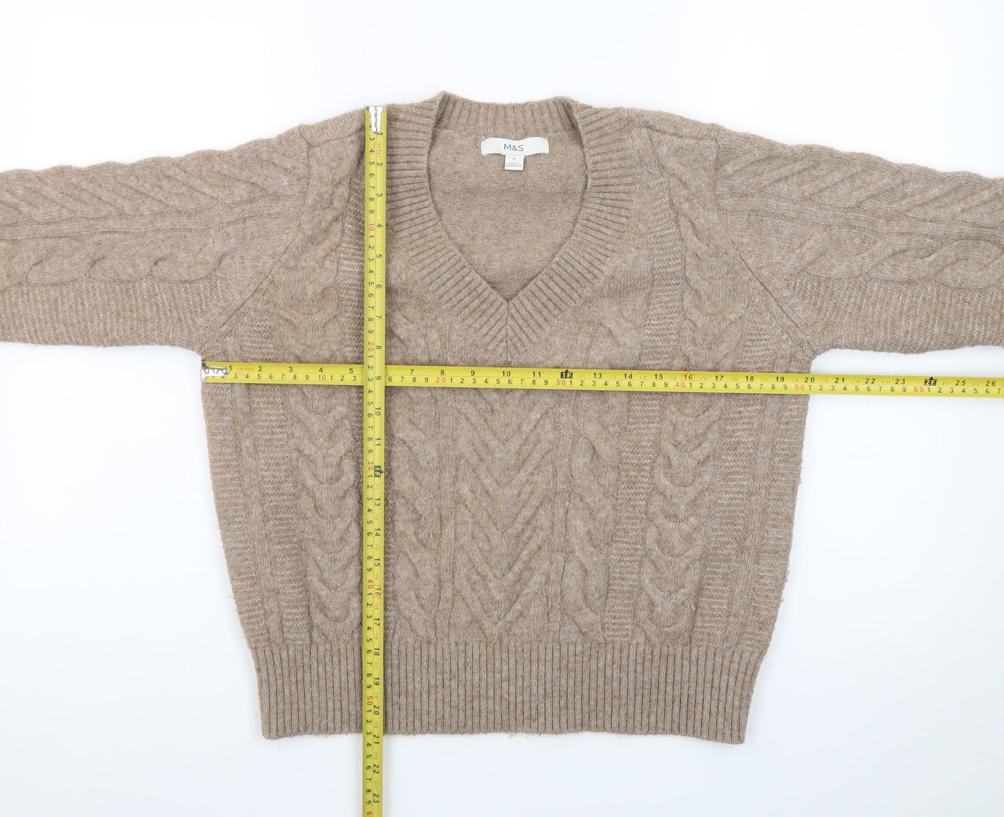 Marks and Spencer Womens Beige V-Neck Cable-Knit Jumper M