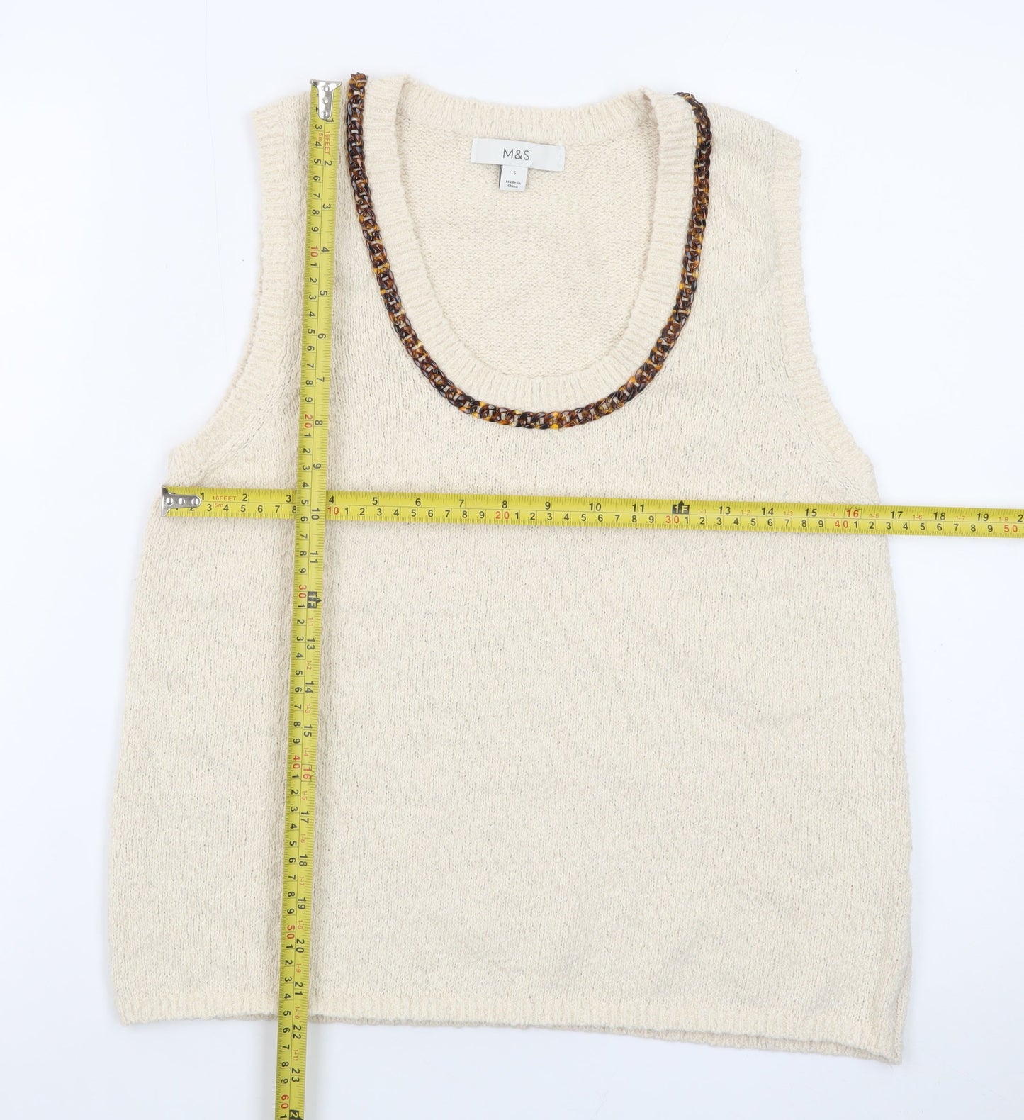 Marks and Spencer Women Ivory Knit Beaded Scoop Neck Tank Top S