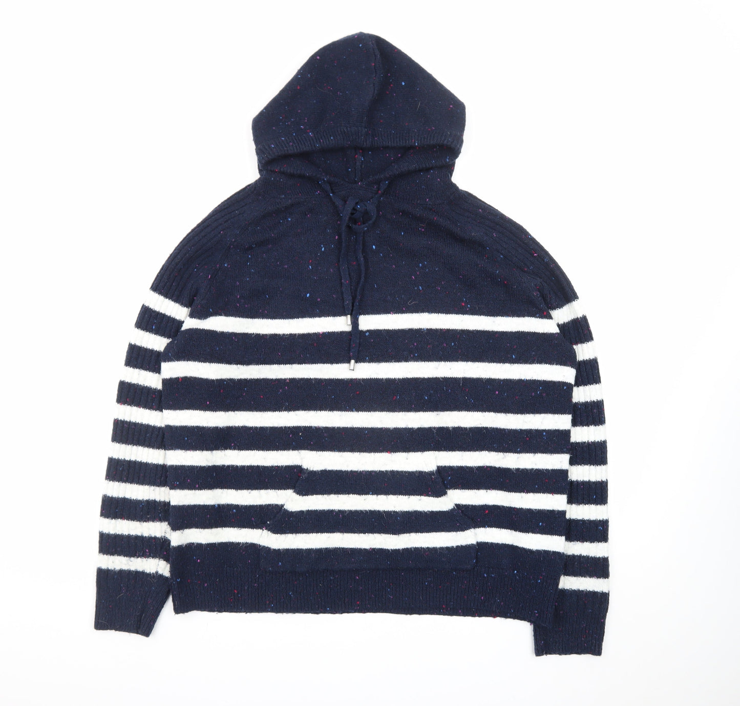 Marks and Spencer Women Blue Striped Hooded Pullover Jumper L