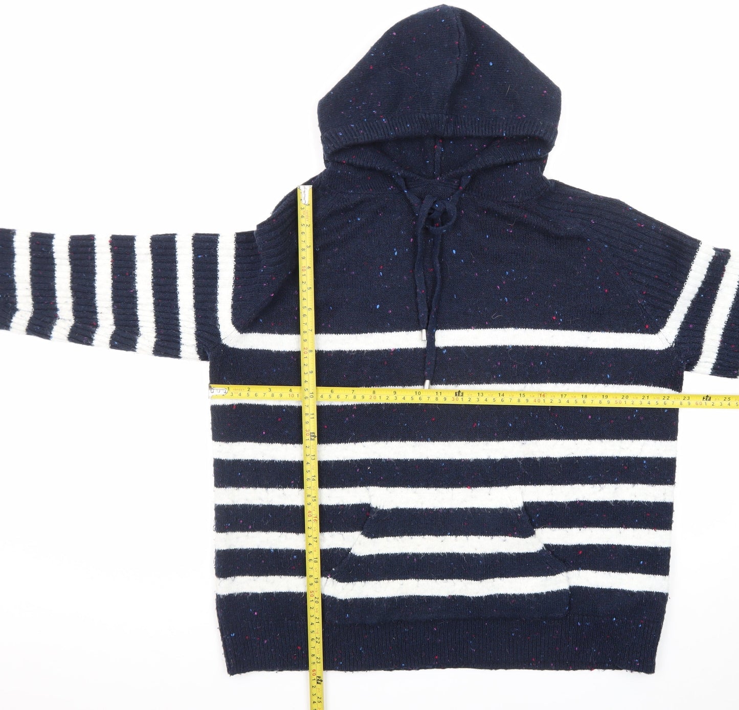 Marks and Spencer Women Blue Striped Hooded Pullover Jumper L