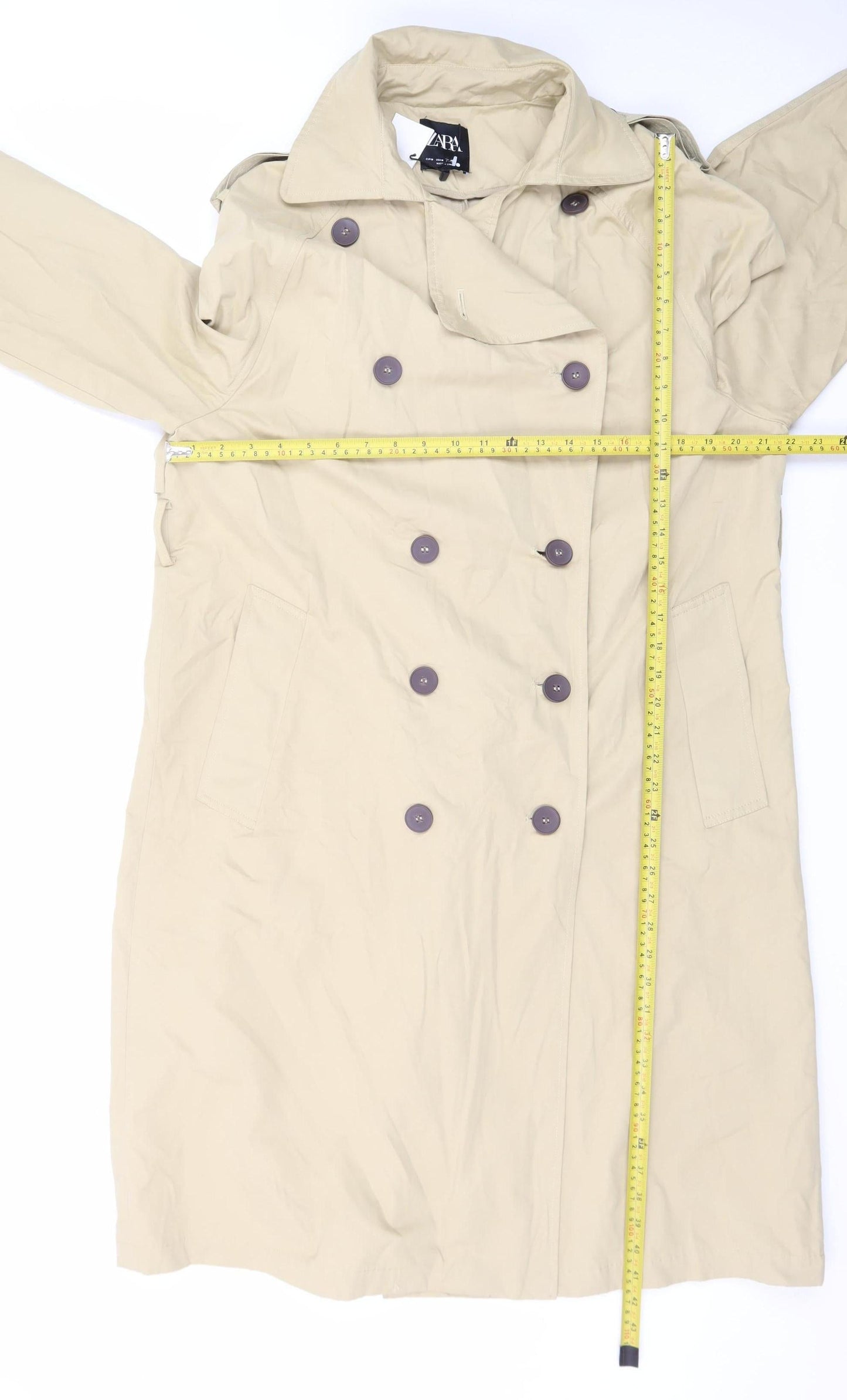Zara Women's Beige Long Trench Coat Size 12 Classic Style