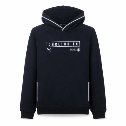 Front view of Puma Carlton FC boys’ black pullover hoodie, size 16, regular fit afl team gear