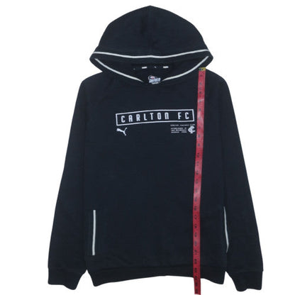 Close-up detail of Puma Carlton FC boys’ black pullover hoodie, size 16, regular fit afl team gear