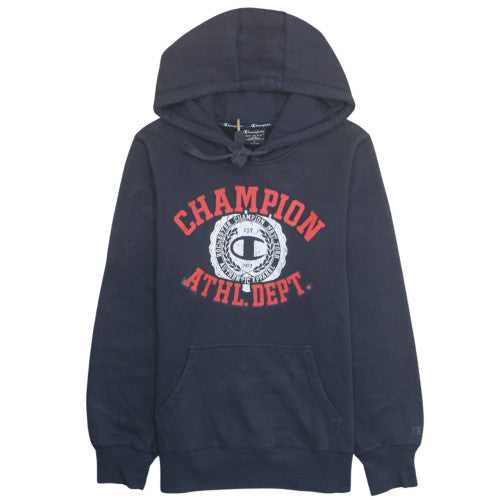 Preloved Champion Men's Blue Graphic Pullover Hoodie Size L - Front