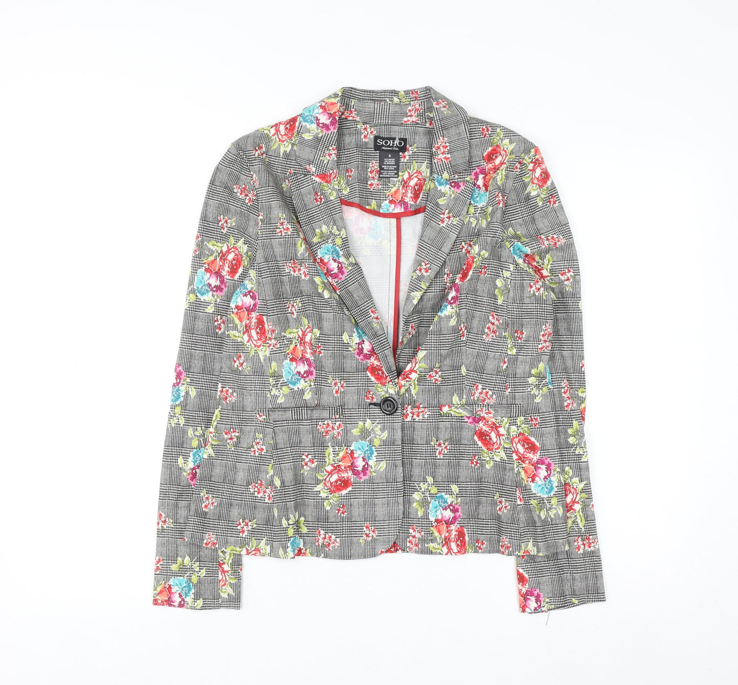 Soho Apparel Women Grey Floral Check Single-Breasted Blazer Size S