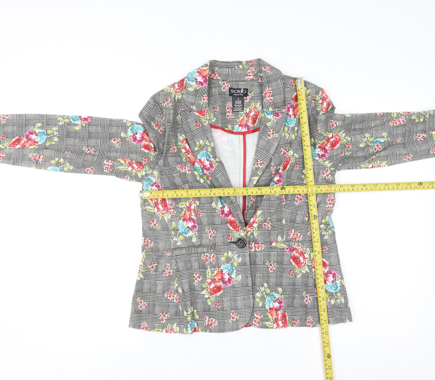 Soho Apparel Women Grey Floral Check Single-Breasted Blazer Size S