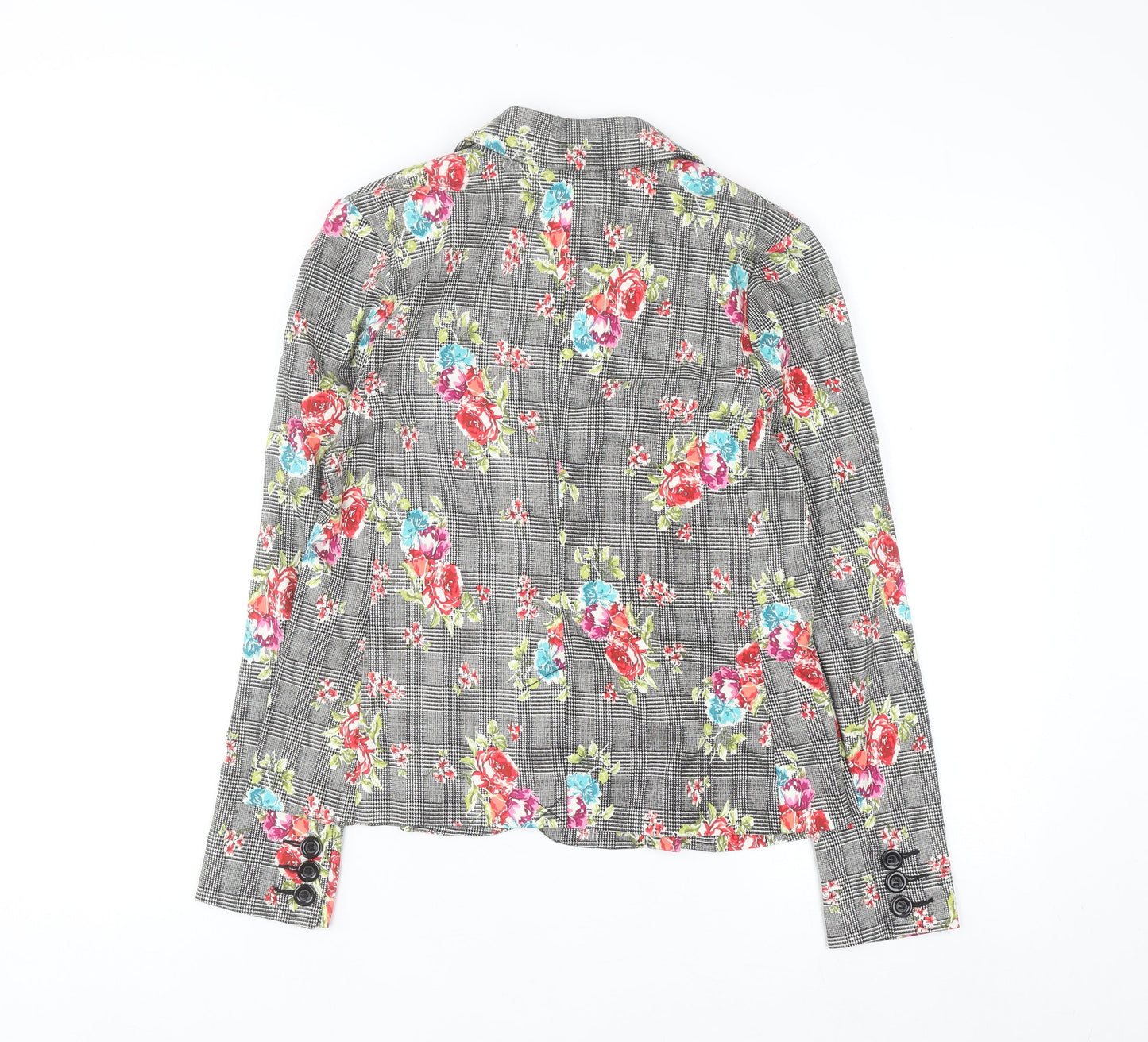 Soho Apparel Women Grey Floral Check Single-Breasted Blazer Size S