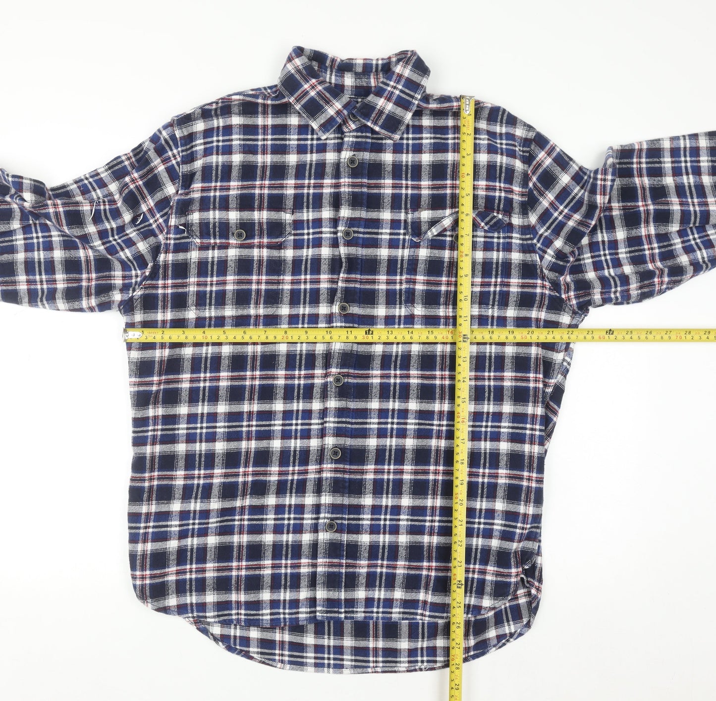 JACHS Men's Blue Plaid Flannel Button-Up Long Sleeve Shirt L