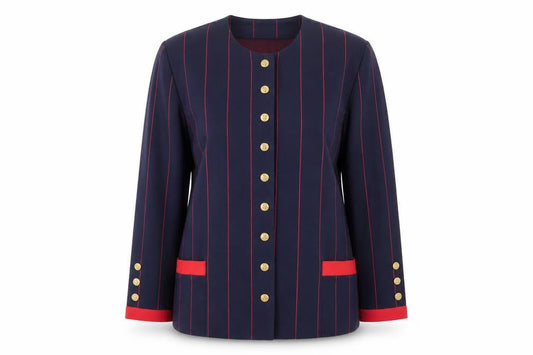 California Girl by Dorothy Samuel Navy Red Striped Jacket Women Size 14 Classic Long Sleeve Blazer