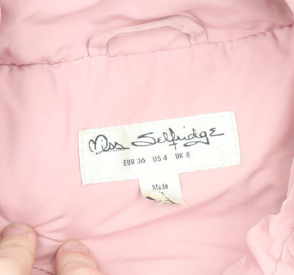 Brand and care label for Miss Selfridge Women's Pink Puffer Jacket UK 8 Lightweight