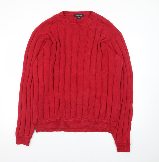 Nautica Men's Red Cotton Cable-Knit Crew Neck Jumper Size L