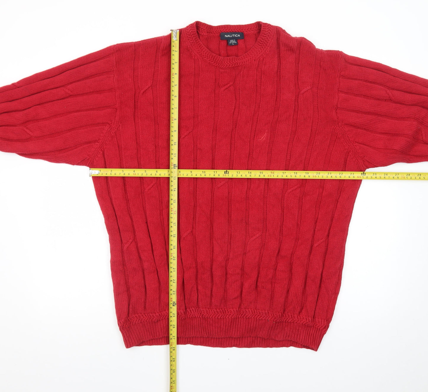 Nautica Men's Red Cotton Cable-Knit Crew Neck Jumper Size L