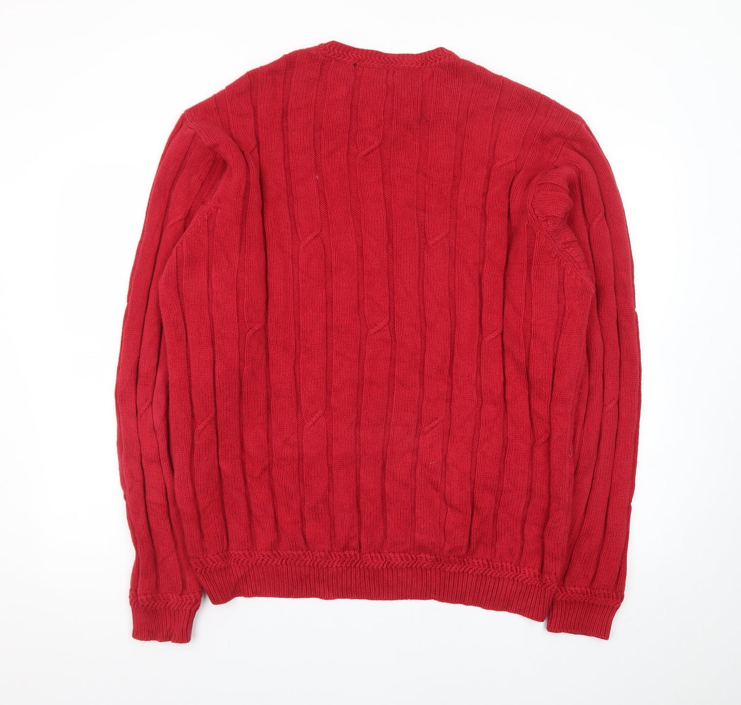 Nautica Men's Red Cotton Cable-Knit Crew Neck Jumper Size L