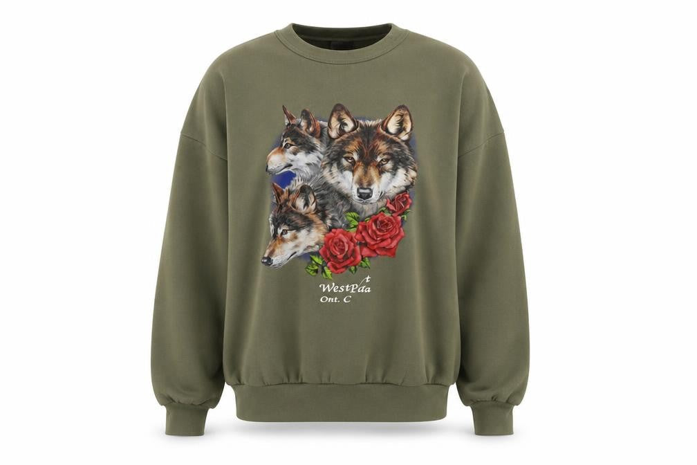 Oceanic Classic Women's Green Wolf Print Pullover Sweatshirt Size S