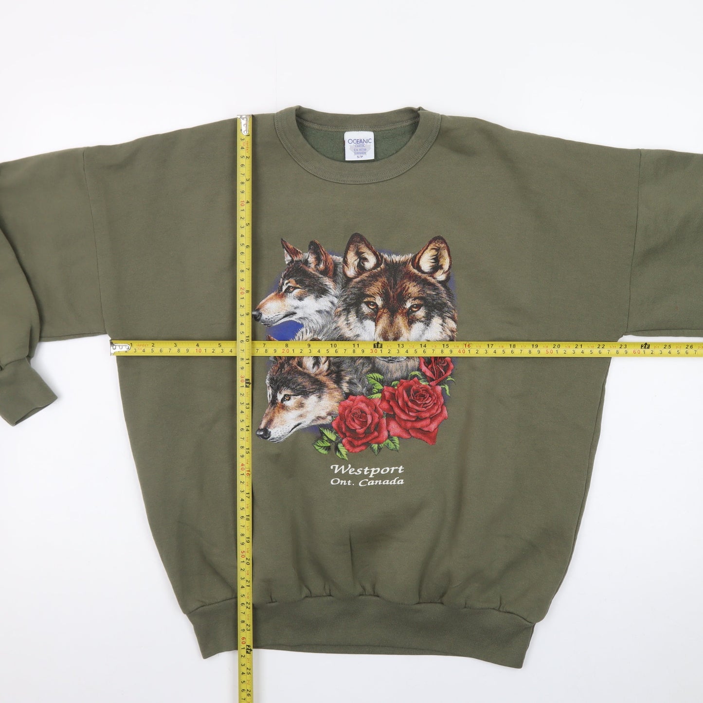 Oceanic Classic Women's Green Wolf Print Pullover Sweatshirt Size S