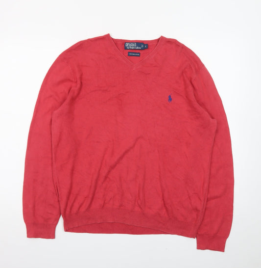 Polo Ralph Lauren Men's Red Cotton V-Neck Pullover Jumper L