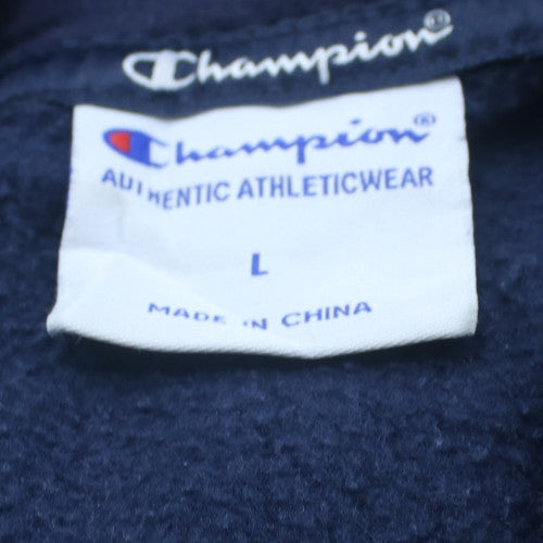 Champion Men Blue Pullover Hoodie L Logo Fleece Athletic Sweatshirt