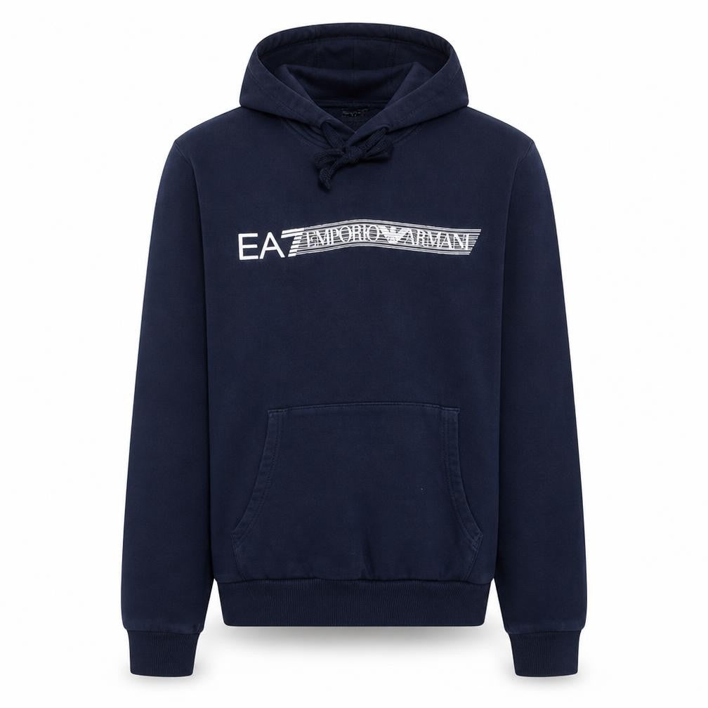 Emporio Armani EA7 Men's Blue Pullover Hoodie M Logo Fleece Sweatshirt