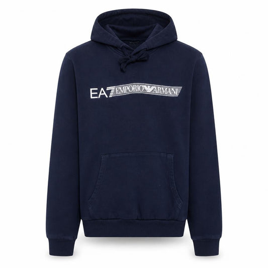 Front view of Emporio Armani EA7 Men's Blue Pullover Hoodie M Logo Fleece Sweatshirt