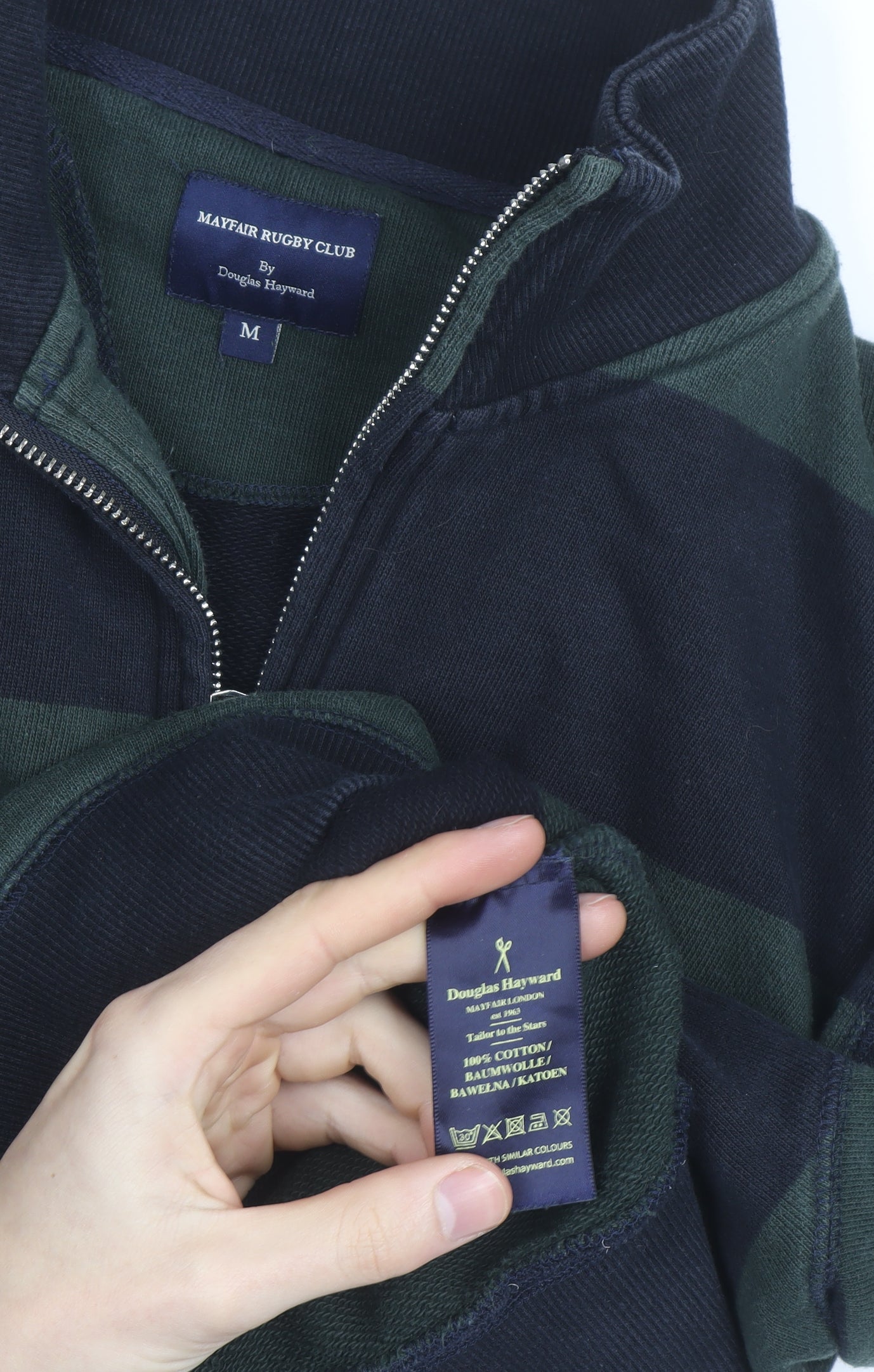 Douglas Hayward Men's Green Striped 1/4 Zip Cotton Jumper M