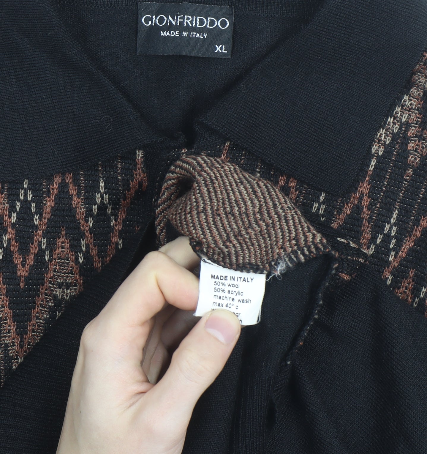 Gionfriddo Men's Black Geometric Knit Long Sleeve Button-Up XL