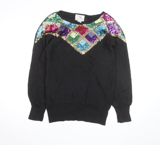 SML Sport LTD Women Black Sequin Geometric Knit Jumper Size S Vintage