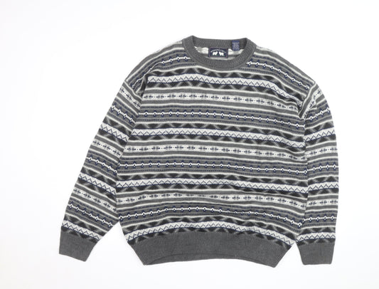 Woods & Gray Mens Grey Fair Isle Acrylic Jumper XL Crew Neck