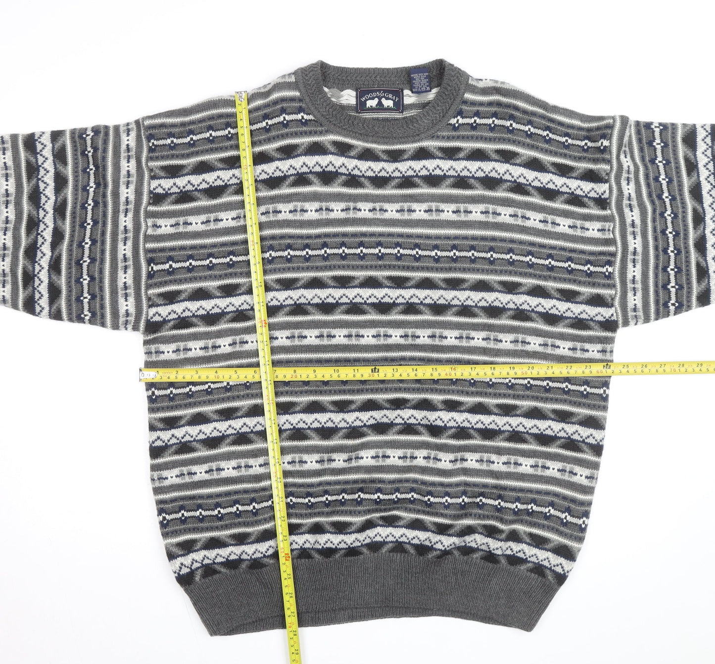 Woods & Gray Mens Grey Fair Isle Acrylic Jumper XL Crew Neck