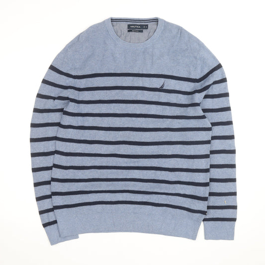 Nautica Men's Blue Striped Cotton Blend Crew Neck Jumper XL