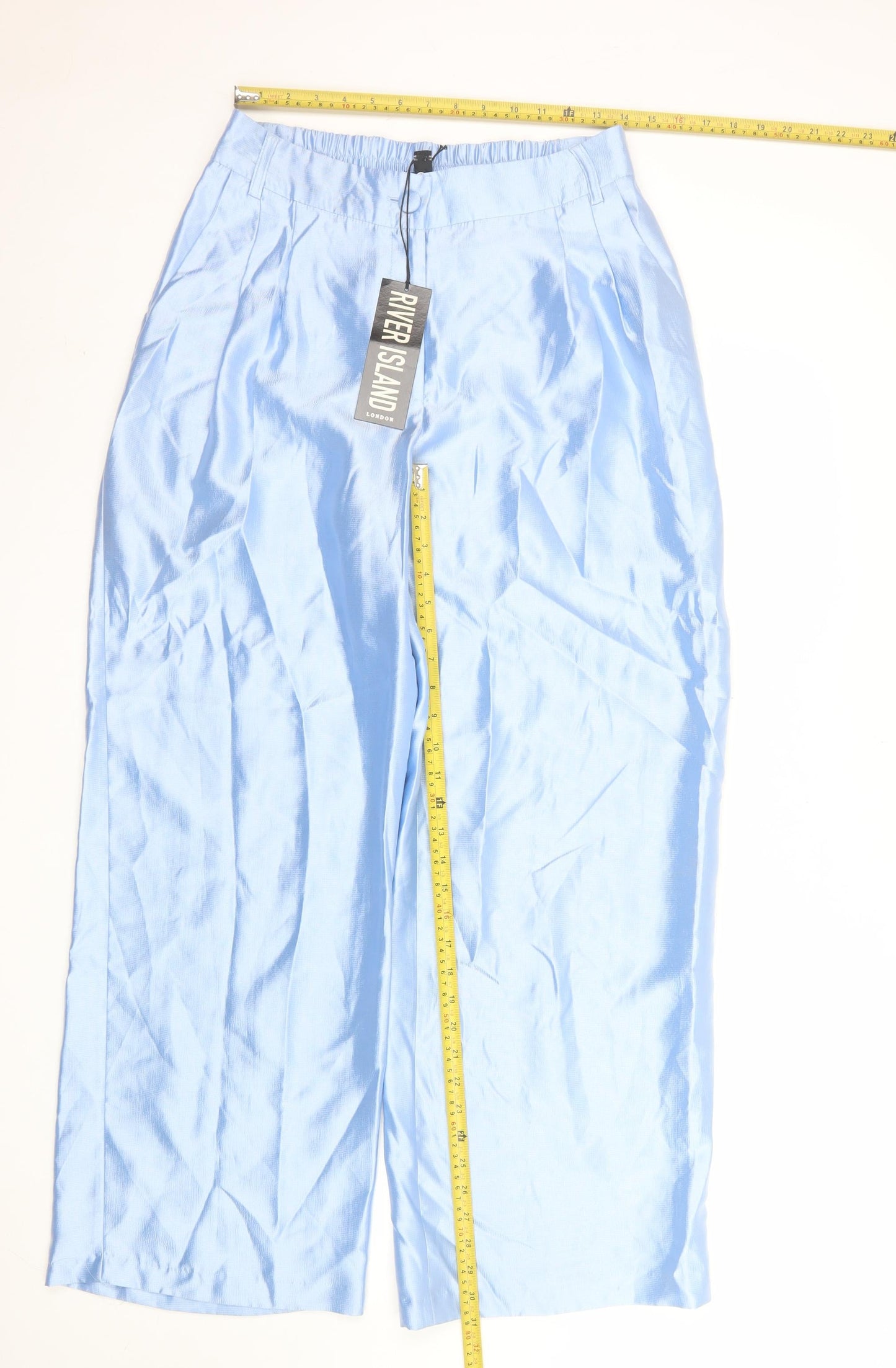 River Island Womens Blue Wide-Leg Cropped Pleated Satin Trousers Size 10
