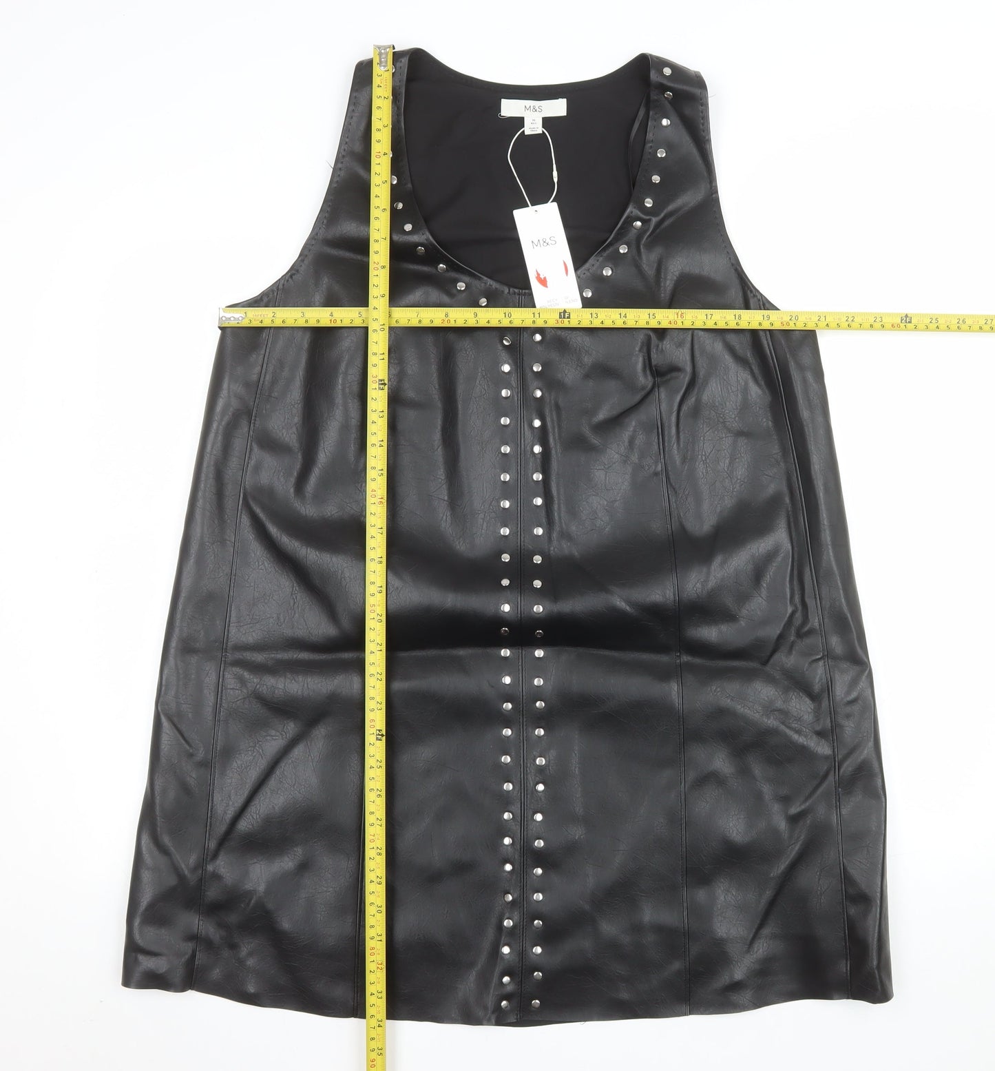 Marks and Spencer Women's Black Studded Faux Leather Shift Dress Size 16