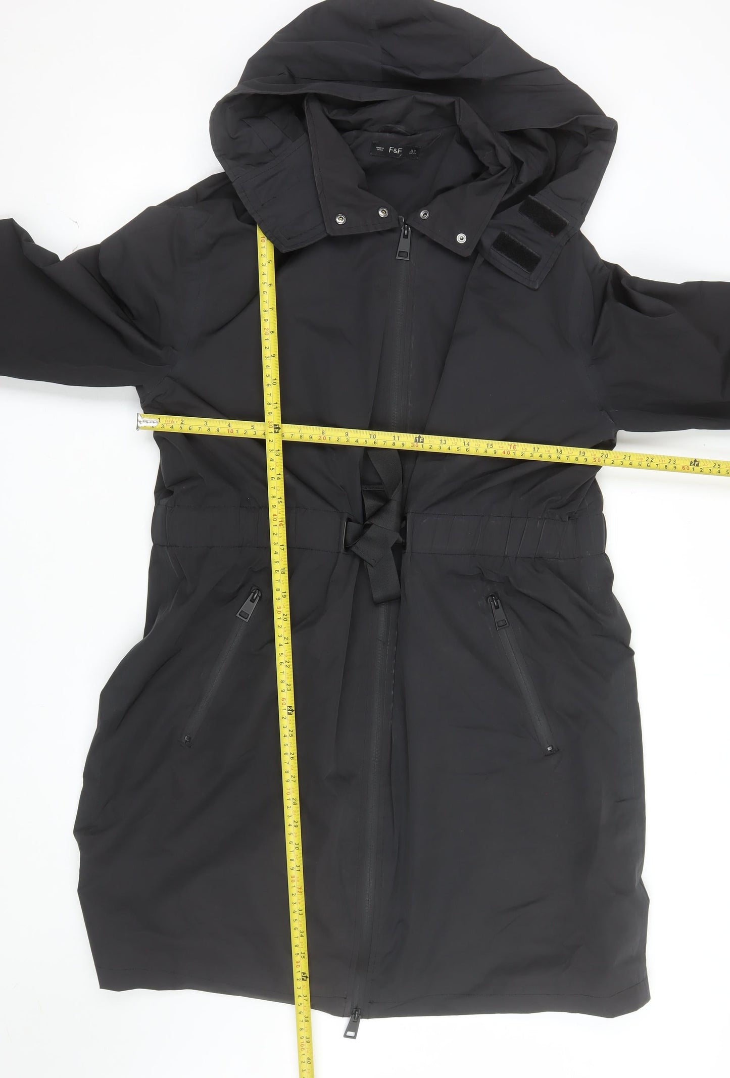 F&F Women’s Black Long Hooded Parka Coat UK 16 Belted Water Resistant