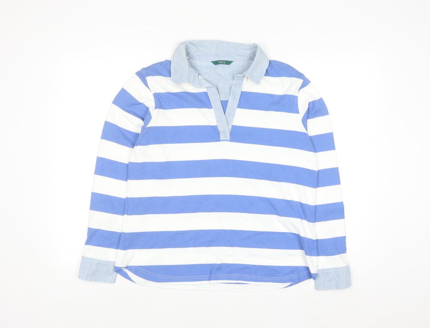Marks and Spencer Women's Blue Striped Cotton Long Sleeve Polo Shirt Size 14