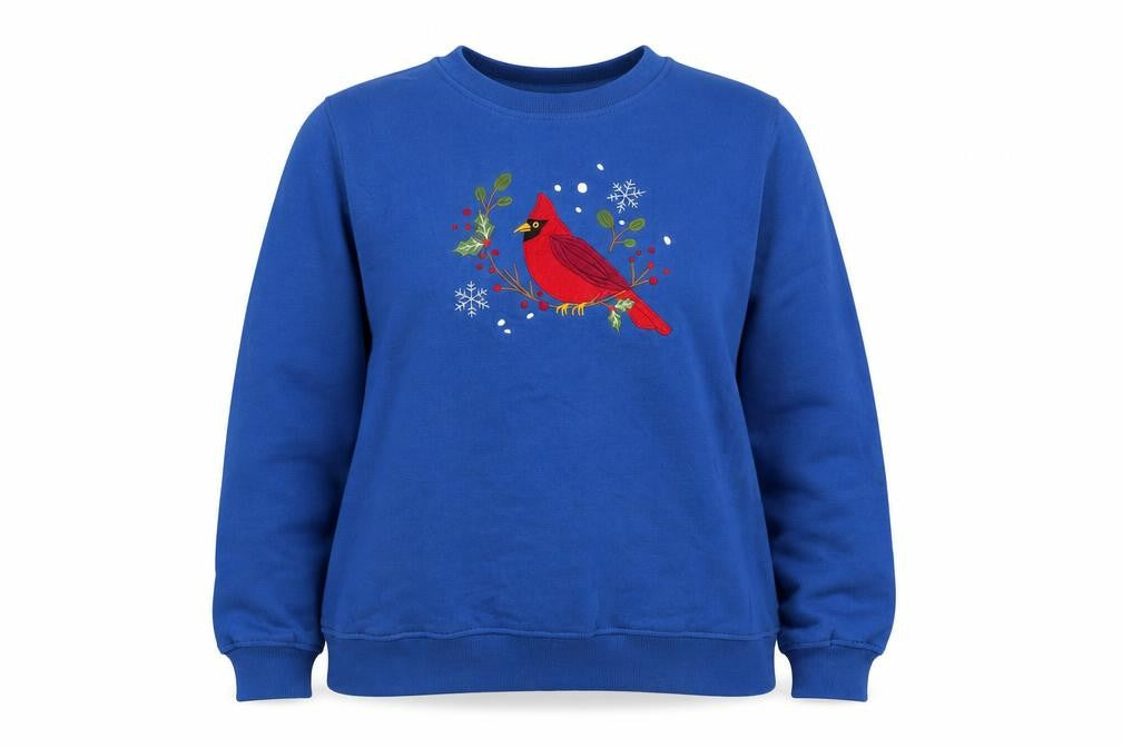 Rebecca Malone Women's Blue Pullover Sweatshirt L Cotton Blend Bird Motif