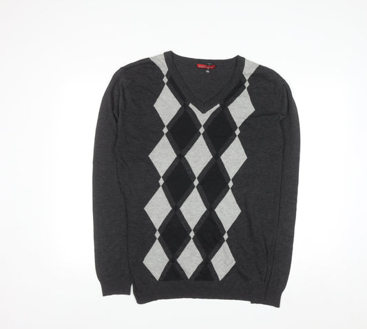 Stockhomme Men's Grey Argyle V-Neck Acrylic Jumper L