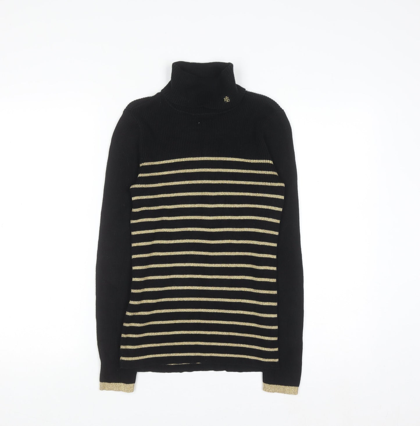 Ralph Lauren Womens Black Striped Roll Neck Knit Jumper Size M